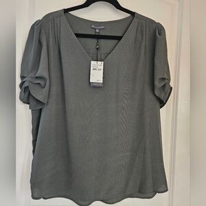Adrianna Papell Olive Green V-Neck Puff Sleeve Blouse